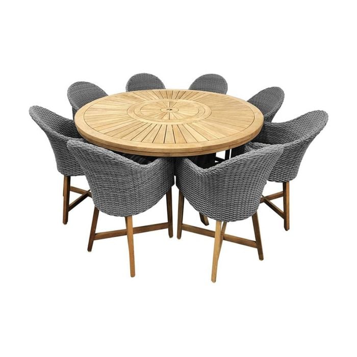 Solomon 1.8M Round Outdoor Teak Timber Dining Table With Coastal Wicker Chairs