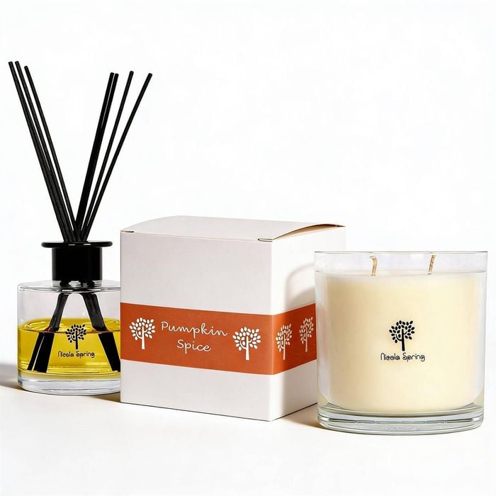 Nicola Spring Soy Wax Scented Candle & Reed Diffuser Set - Pumpkin Spice - 400g Candle 45 Hour Burn & 200ml Diffuser
