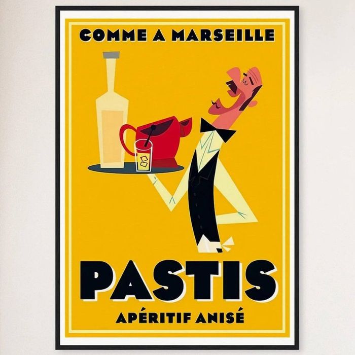 Galrie Comme et Marseilles Pastis Retro Print- French Vintage Poster Décor Art, Black Frame, 50 x 70cm (20 x 28inch)