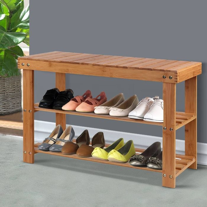 Homfurn Bamboo Shoe Rack Bench, Storage Stool With Cushion, Natural Wood Color, Durable, For Bedroom Bathroom Hallway