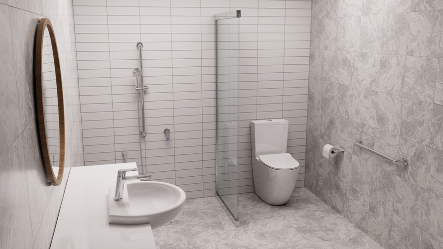 White tiled bathroom with hand rail, toilet, seat and timber mirror hanging on the wall