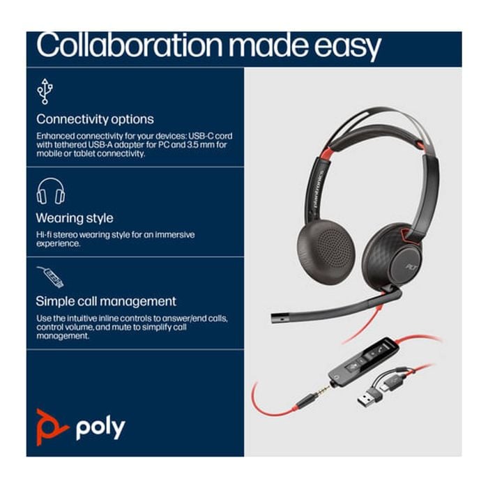 HP Poly Blackwire 5220 USB-C + 3.5mm Plug + USB-C/A Headset [93S88AA]