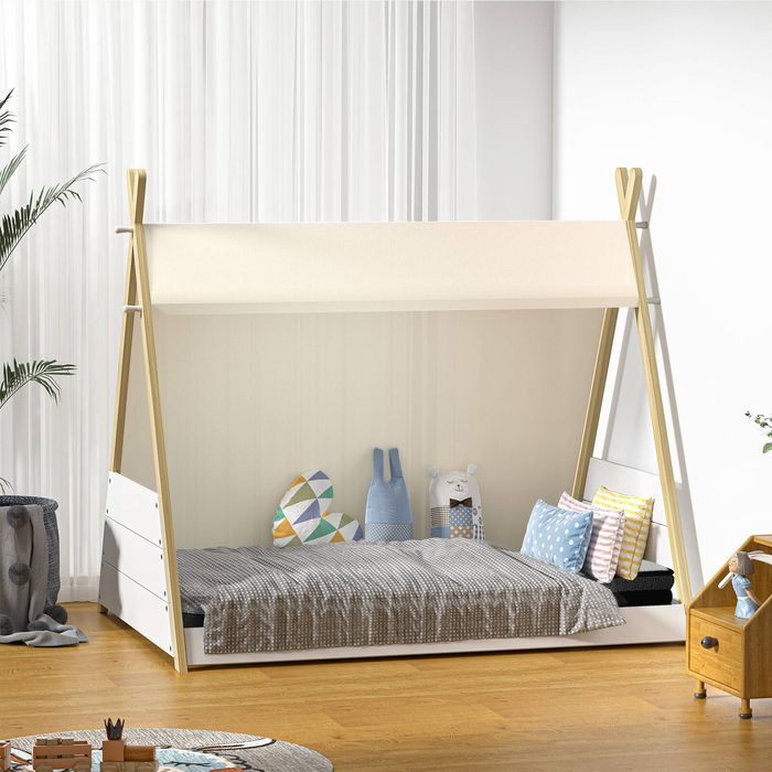 Oikiture Single House Bed Frame with Mattress Teepee Timber