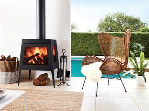 Scandia heater on in the back room next to wicker chair