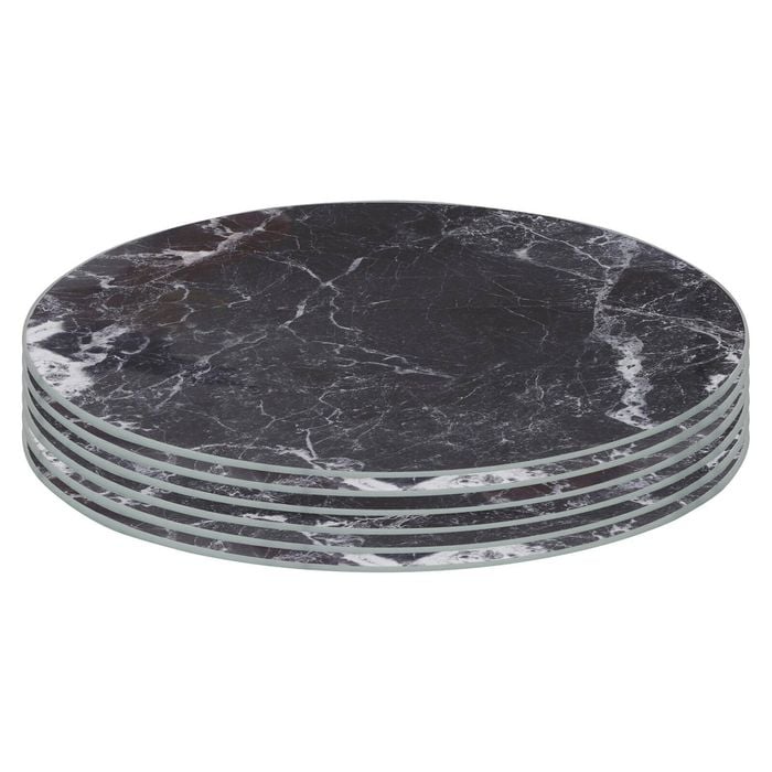 6x Round Glass Placemats - 30cm - Black Marble Effect Dining Table Place Mats Tabletop Protector for Kitchen Worktops