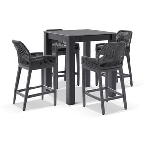 Hugo Ceramic Square Aluminium Bar Table Charcoal With 4 Rope Stools & Carbon Grey/denim Grey Cushions