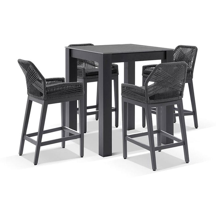 Hugo Ceramic Square Aluminium Bar Table Charcoal With 4 Rope Stools & Carbon Grey/denim Grey Cushions