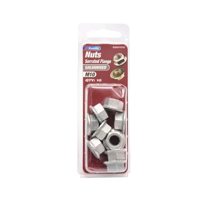 Zenith M10 Galvanised Serrated Flange Nut - 10 Pack