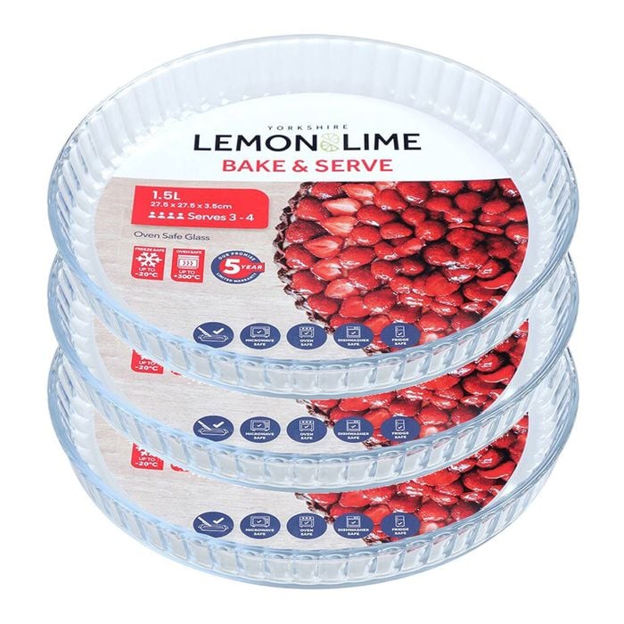 3pk Lemon & Lime Yorkshire Glass 1.5L/27.5x3.5cm Bakeware Pie Dish - Clear