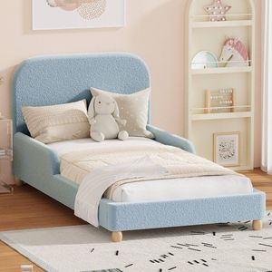 Oikiture Kids Bed Frame Single Size Side Guard Rails Boucle Blue