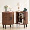 Advwin Oval Side Table Set of 2 w/ Fluted Sliding Door Bedside Table Entryway Cabinet Walnut