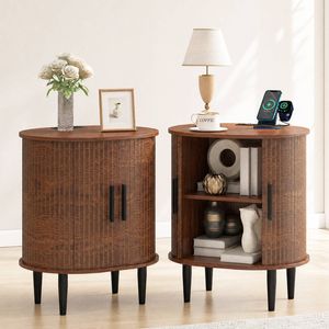 Advwin Oval Side Table Set of 2 w/ Fluted Sliding Door Bedside Table Entryway Cabinet Walnut