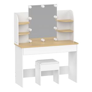 Ufurniture 10 LED Bulb Dressing Table with Open Shelves Drawers White-Natural