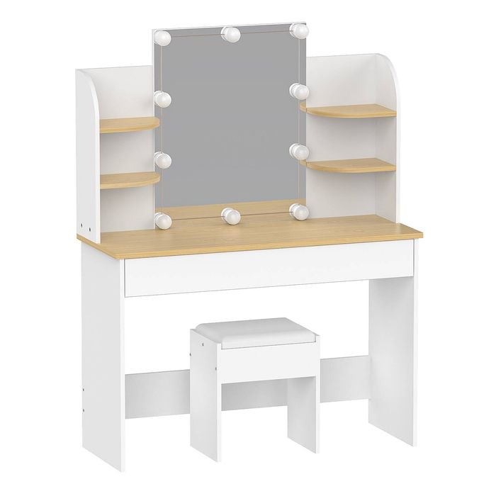 Ufurniture 10 LED Bulb Dressing Table with Open Shelves Drawers White-Natural