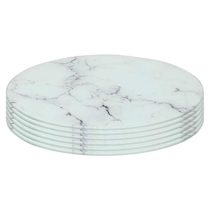 6x Round Glass Placemats - 30cm - Marble Effect - Dining Table Place Mats Tabletop Protector for Kitchen Worktops