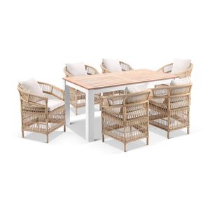 Balmoral 1.8m Outdoor Teak Top Aluminium Table White With 6 Watego Malawi Style Chairs & Wheat Cushions