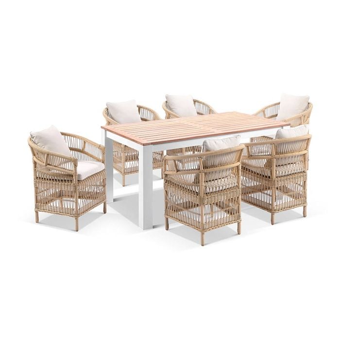 Balmoral 1.8m Outdoor Teak Top Aluminium Table White With 6 Watego Malawi Style Chairs & Wheat Cushions