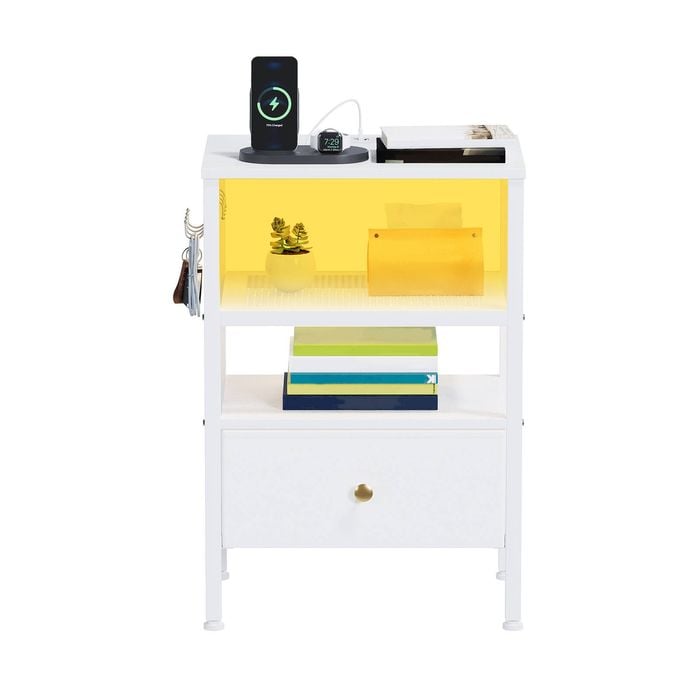 Ufurniture Bedside Table with Fabric Drawer Charging Station and LED Lights White