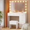 Vanity Desk with Mirror and Stool, Wooden Dressing Table Set with 4 Drawers, 3 Color LED Bulbs Makeup Table for Bedroom, White