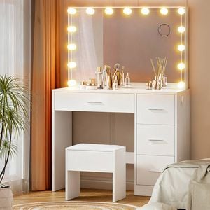 Vanity Desk with Mirror and Stool, Wooden Dressing Table Set with 4 Drawers, 3 Color LED Bulbs Makeup Table for Bedroom, White