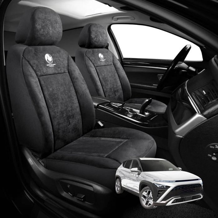 Australian Goose Edition Front Seat Covers for Hyundai Kona 2023 - Current (SX2 Petrol) - Suede, Universal Fit - Black