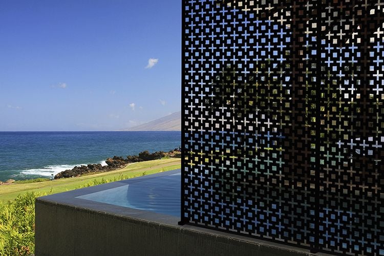 Infinity pool overlooking coast with decorative screen adding privacy