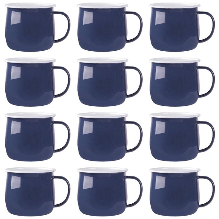Argon Tableware 375ml Enamel Belly Mugs - Navy - Set Of 12 Metal Drinking Cups Coffee Teacup Mug Set Hot, Cold Drinks Cups