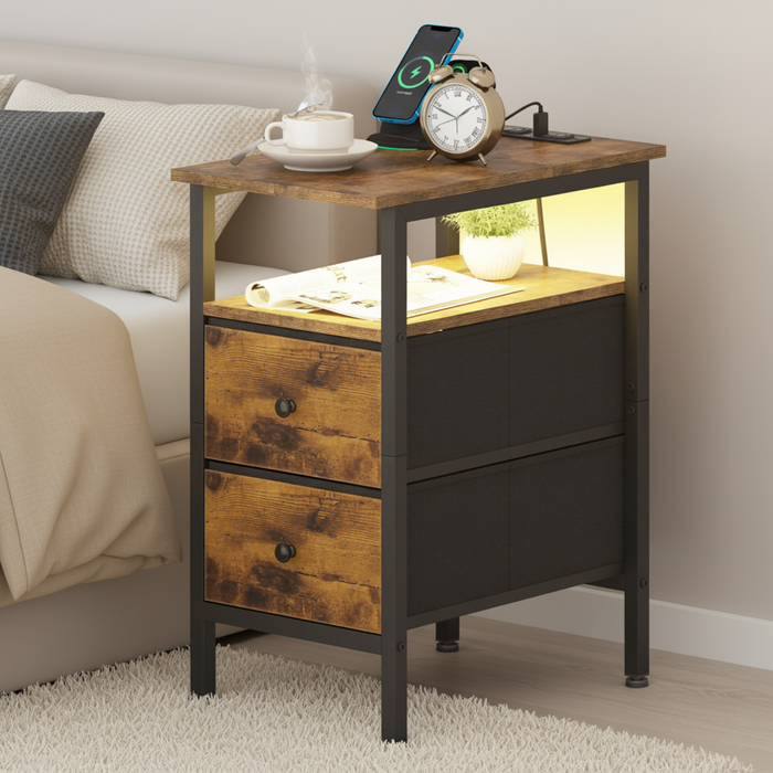 Ufurniture Side Table w/ Charging Station Narrow LED Bedside End Table w/ Storage Drawer & Shelf Walnut