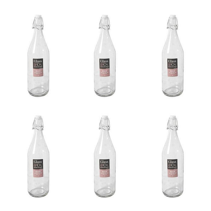 6PK Glass & Co Elle Tall Leak-Proof Clip Lid Round Water Bottle 1L Clear