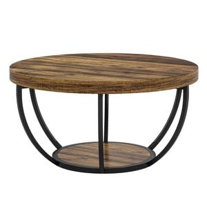 OAKORY 80cm Round Coffee Table with 5cm Thick Top and Arc Metal Base Rustic Brown Finish