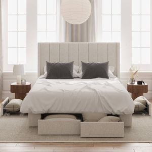 Emilie Queen Ivory White Boucle Four Extra Large Drawer Bed Frame