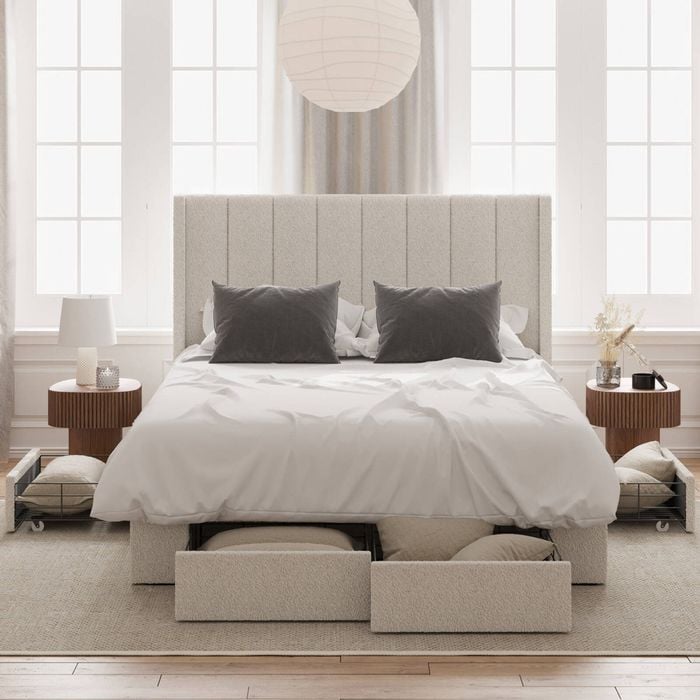 Emilie Queen Ivory White Boucle Four Extra Large Drawer Bed Frame