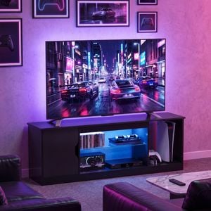 Advwin 145cm LED TV Unit Cabinet Carbon Fiber Gaming Entertainment Center w/ Adjustable Glass Shelves & Cabinet Black