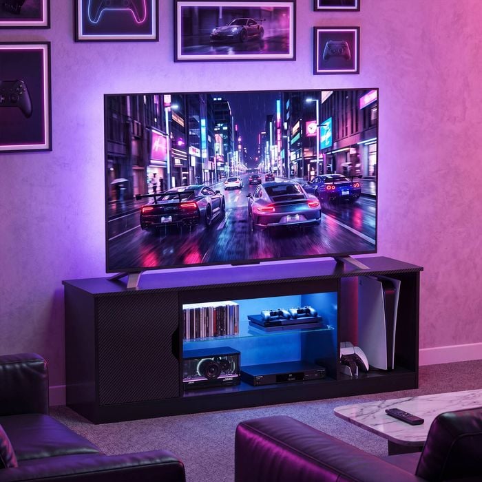Advwin 145cm LED TV Unit Cabinet Carbon Fiber Gaming Entertainment Center w/ Adjustable Glass Shelves & Cabinet Black
