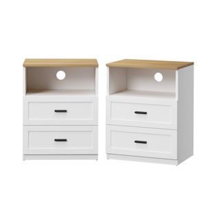 Oikiture 2pc Bedside Table 2 Drawers Open Shelf Nightstand Cabinet Natural&white