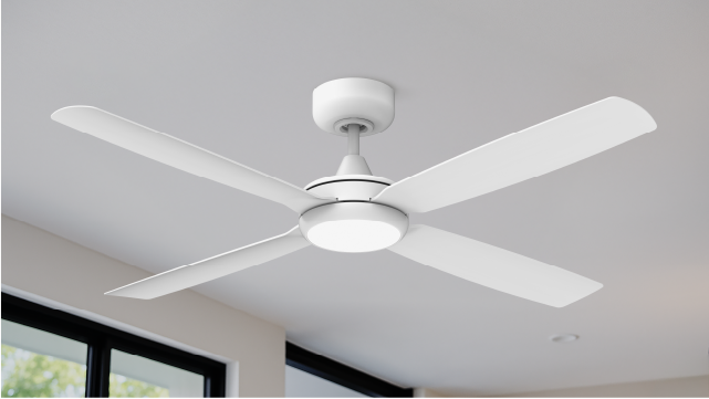 A white ceiling fan featuring four blades, mounted on a ceiling
