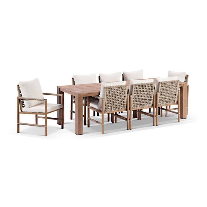 Entertainer 2.45cm Outdoor Aluminium Dining Table Mahogany With 8 Avery Rope Chairs & Bone Cushions