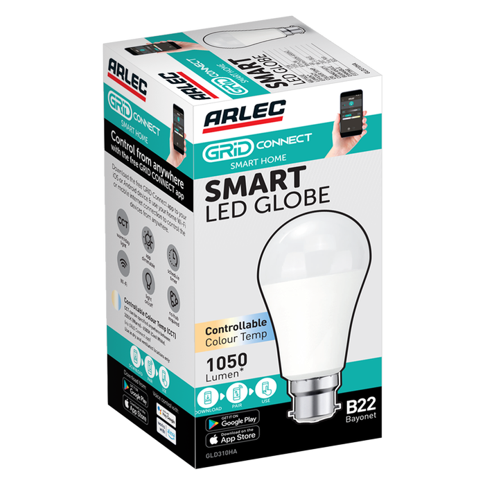Arlec B22 LED 1050lm CCT Colour Mode Grid Connect Smart 12W Globe