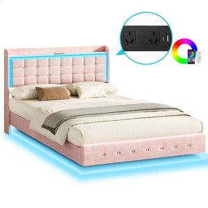 ALFORDSON Bed Frame Floating Queen LED Charging Station Velvet Pink