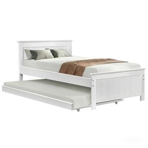 Homfurn King Single Wooden Trundle Bed Frame – Solid Pine, Pull-out Either Side, Fits Au Mattress, White