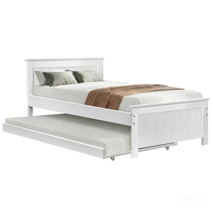 Homfurn King Single Wooden Trundle Bed Frame – Solid Pine, Pull-out Either Side, Fits Au Mattress, White