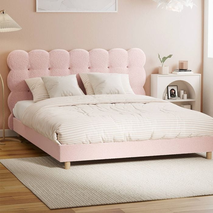 Oikiture Bed Frame Queen Size Tufted Bedhead Boucle Fabric Pink