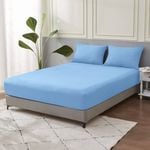 LINENOVA 100% Pure Cotton Deep Fitted Sheet Cover - Single, Light Blue
