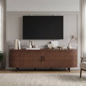Advwin 160cm TV Unit Cabinet w/ Fluted Sliding Door & Storage Shelves Entertainment Center TV Stand Walnut