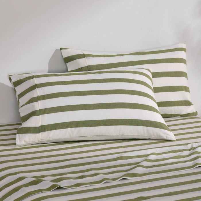 Dreamaker Cove Washed Cotton Yarn Dyed Wide Stripe Pillowcase Olive Twin Pack