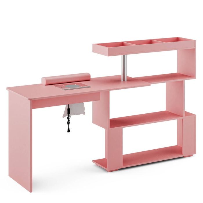 Ufurniture Nail Desk Manicure Table w/Dust Collector, Rotatable Reversible L-Shaped/Line-Shaped Pink