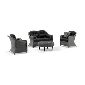 Plantation Outdoor Wicker Lounge Suite Brushed Grey With Coffee Table & Denim Cushions