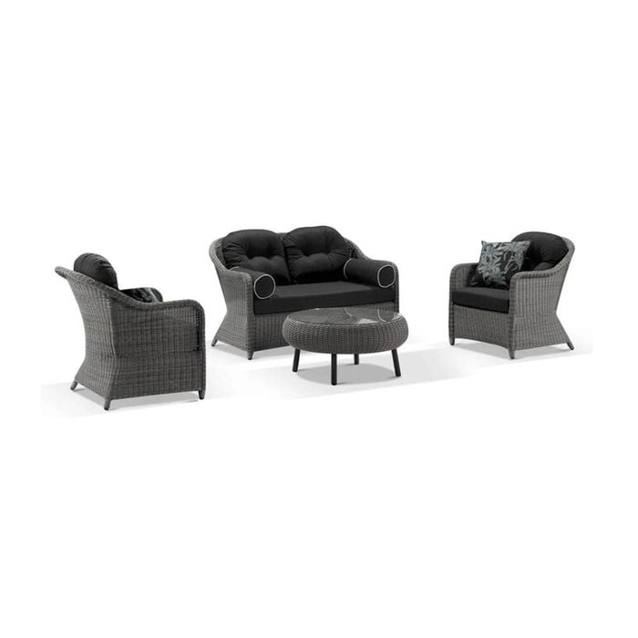 Plantation Outdoor Wicker Lounge Suite Brushed Grey With Coffee Table & Denim Cushions