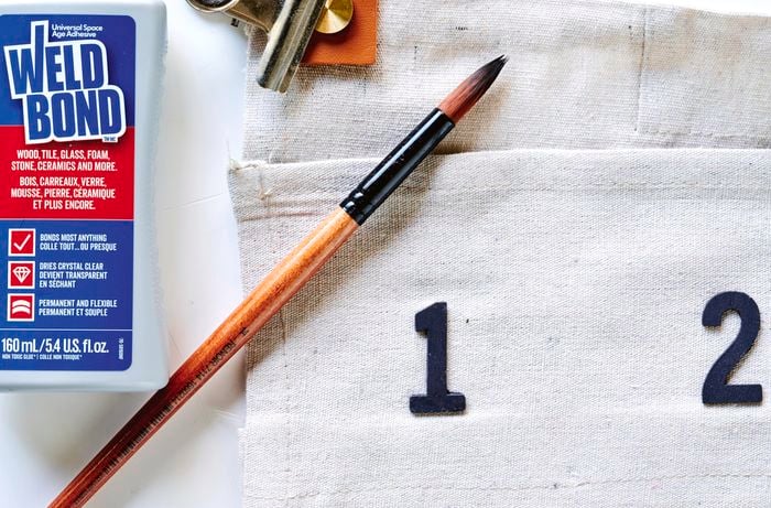 PVA adhesive and a bulldog clip is used to secure a leather pull handle to a DIY drop sheet advent calendar