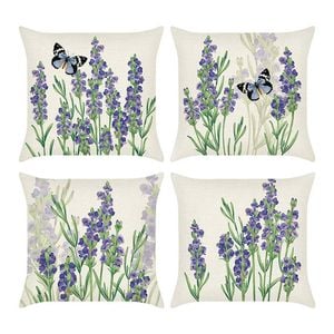 Catzon 4 Pcs Lavender Throw Pillow Covers Linen Summer Cushion Case for Sofa